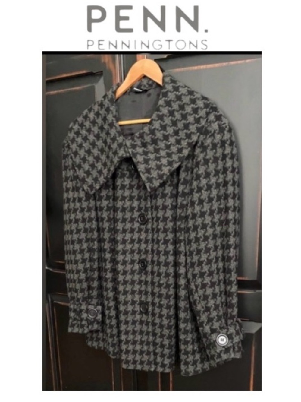 3X PENN Black and Gray Houndstooth Wool Blend Swingy Coat with Statement Collar